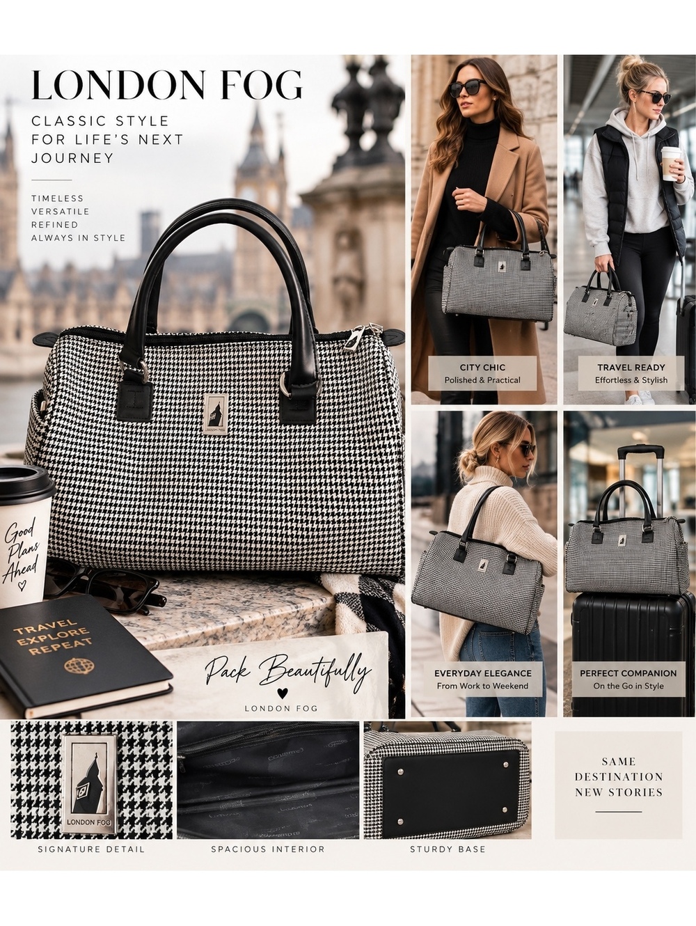 London Fog Cambridge Houndstooth 16” Satchel Weekender Carry On Travel Bag